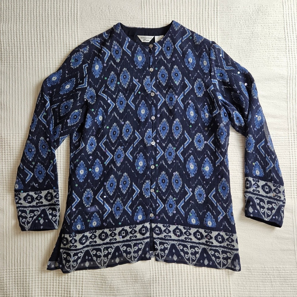 Laura Ashley Petite Blue Ikat Ethnic Print Boho Sequin Blouse Top Women S